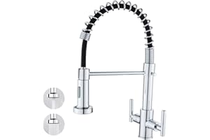 Maynosi Kitchen Sink Mixer Tap, Twin Levers Kitchen Faucet with Pull Down Sprayer (2 Function), Kitchen Mixer 360° Swivel, Full Solid Brass Body Stainless Steel Swivel Spring, Chrome