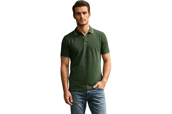 Louis Philippe Men's Slim Fit Single-Tuck Pique Stylized Sleeve Print and Contrast Tipping Half Sleeve Solid Cotton Polo Tshi