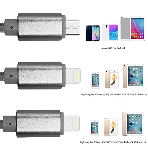 Multi USB Kabel, 3 in 1 Lightning & Micro USB Nylon geflochtenes Ladekabel mit 8 Pin Lightning / Micro USB 2.0 Anschlüsse für iPhone 6 / 6S plus / 5 / SE, iPad Air / mini, Android-Geräte(2 Lightning& 1 Micro-Silber) - 2
