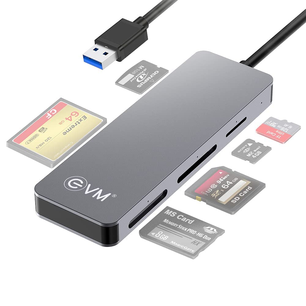 EVM USB Memory Card All in 1 Reader 5Gbps Read Speed Read 5 Cards for Linux,Chrome, Multi SD Card,Mac OS,Windows (Supports SD/M2/XD/CF/TF/MS Card) - 3 Years Warranty (‎EVM-CR-01)