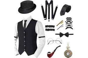 Okabay 11Pcs 1920s Gatsby Costume for Men,1920s Men Fancy Dress Vest Accessories Set,Retro Gangster Costume Kit with Waistcoat Hat Suspenders Mustache Pocket Watch Pipe Glasses Tie