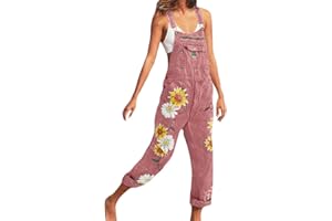 HANMAX Damen Denim Jeans Latzhose Langer Overall Blumen Jeansoptik Klasse Vintage Jeans Lang Lässig Baggy Boyfriend Stylisch Jumpsuit Hüftjeans