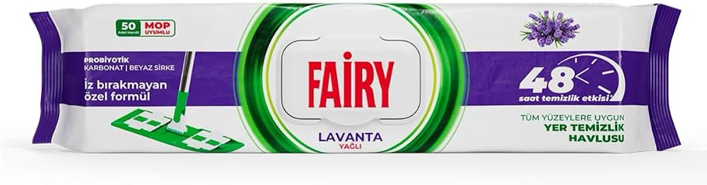 Fairy Çok Amaçlı Mop Uyumlu Yer Temizlik Havlusu 50 Yaprak | Lavanta Yağlı | Beyaz Sirke & Karbonat | 48 Saat Temizlik Etkili | İz Bırakmayan Formül