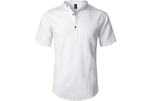 LucMatton Men's Casual Cotton Linen Short Sleeve Henley Shirt Summer Lightweight Banded Collar Beach Tops