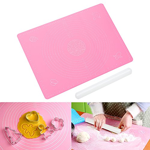 ilauke DIY Silikonpad Teigmatte 50*40cm mit Größe Zeichnen und Teigroller Rolling Pin 33cm Ausrollstab Silikon-Arbeitsmatte Fondant ausrollen Tortendeko Ausstecher Ausstechform Modellierwerkzeug (set rosa)