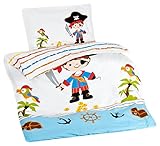 Aminata Kids - Kinderbettwäsche Bettwäsche Kinder 100x135 cm Baumwolle Jungen Pirat Piraten Seeräuber Piratenschiff Schatzinsel Piratenflagge Schatz Schatzkarte Schatzkiste blau Kleinkind KINDERGRÖSSE