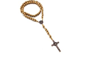 Kuesn Handmade Wooden Catholic Rosaries Rosary Beads Necklace from Bethlehem Wood Christian Prayer Holy Soil Medal & Metal Cross for Catholic or Christian Gift (Light Coffee)