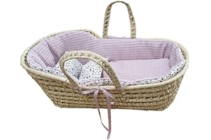 Borda y más Capazo de Mimbre para Muñecas + Vestidura – Moises de Mimbre para muñecas – Inclue: Colcha, Almohada, cubrecapazo y colchón – Handmade – Nenel – (Muñeco NO Incluido) Gofre y Flores Julia
