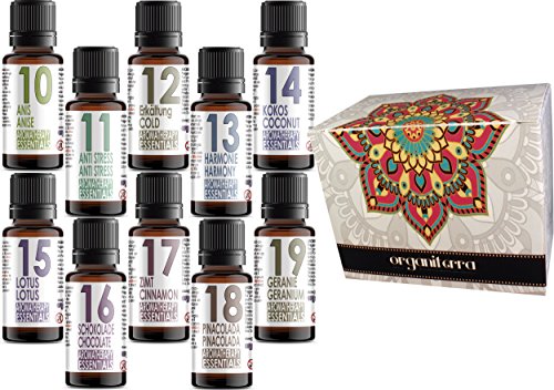 Set De 10 Aceites Perfumados Esenciales Para Aromaterapia. Aromatherapy Essentials. Anis, Anti Estress, Frio, Harmonia, Coco, Flor de Loto, Chocolate, Canela, Piñacolada, Geranio