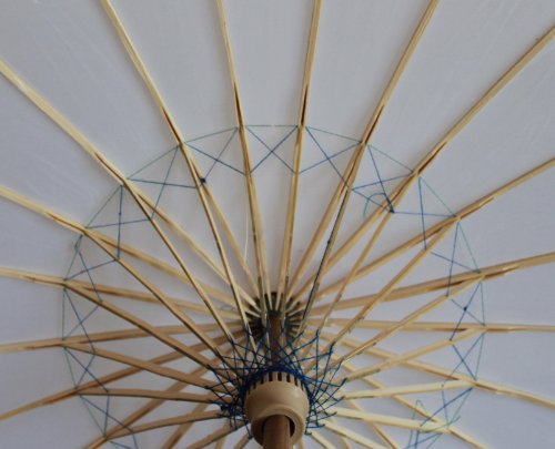 Sonnenschirm 006, Dekoschirm aus Kunstfaser, wasserfest in weiss aus Bambus mit Holzgriff - 5