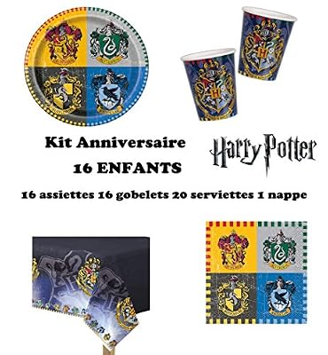 Potter Kit Harry Potter 16 enfants Complet Anniversaire (16 assiettes, 16 gobelets, 20 serviettes, 1 nappe) fête