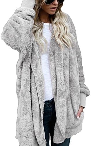 Women's Jacket Coat Plush Hooded Jackets Freeheart Warm Faux Fur Cardigan Gray L
