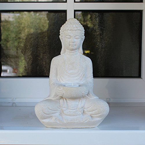 Buddha Deko-Figur Aus Stein Sitzend 30cm Skulptur Mit Teelichthalter Für Wohnzimmer Oder Garten - 5