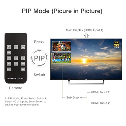 LiteXim 3×1 HDMI Switch mit PIP, SPDIF Audio ARC Funktion und 3,5 mm Stereo Audio-Auszug, Multifunktions-HDMI-Switch-Hub mit IR Remote, zertifiziert für 4Kx2K @ 30Hz und 3D Support - 4