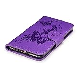 FESELE Schutzhülle für [iPhone 7 Plus] Schmetterling Blumen Prägung Brieftasche Hülle Leder Tasche Flip Case Handyhülle mit Standfunktion und Magnetverschluss, iPhone 7 Plus Flip Hülle Bookstyle Lanyard Wallet Cover Kartenfach Ledertasche Leder-Mappen-Karten-Slot-Abdeckung für iPhone 7 Plus + Blau Eingabestift Stylus Touch Pen-Schmetterling,lila - 5