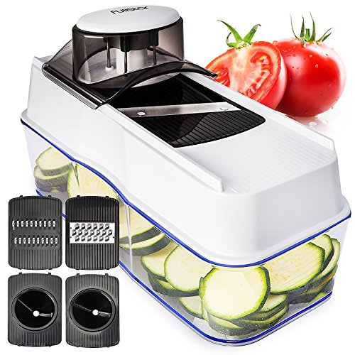 Spiralschneider Mandoline-Gemüsehobel Julienneschneider – 5-in-1 – Perfekt für Gemüsespaghetti inkl. Auffangbehälter – Zucchini-Spiralschneider & Käsehobel – der beste Mandoline-Multischneider