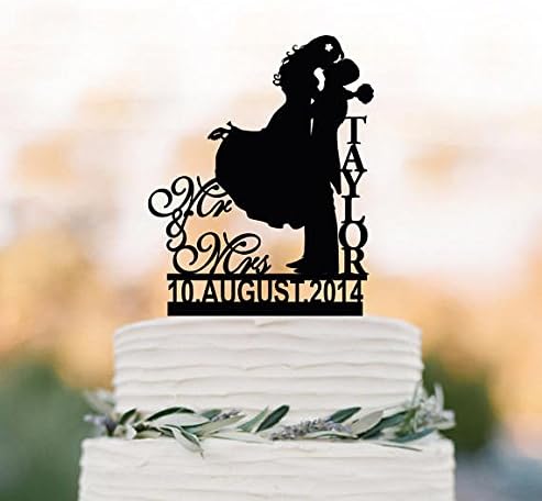 Personalized Wedding Cake topper mr and mrs name and date, Cake Toppers with bride and groom silhouette, funny