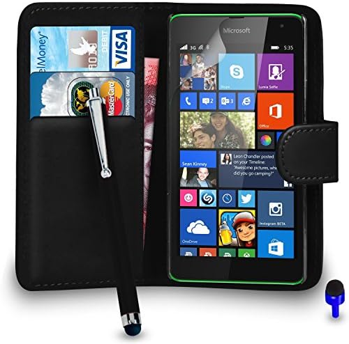 Microsoft Lumia 535 Premium Leather Black Wallet Flip Case Cover Pouch + Big Touch Stylus Pen + BLUE 2 IN 1 Dust Stopper + Screen Protector &amp; Polishing Cloth BY SHUKAN®, (WALLET BLACK)