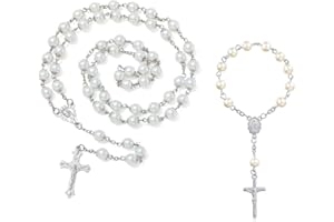 JYNXOR 2 Pcs Chapelet Catholique Chaîne Bracelet,Chapelet Voiture,Decoration Communion Fille,Vintage Crucifix Perles Rosa Chapelet Collier,Prière Chrétienne Perle Rosary,Baptême Communion Mariage Fête