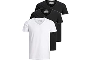 Jack & Jones Lot de 3 t-shirts basiques à col en V pour homme, Couleur unie, Coupe slim, en blanc, noir, bleu, gris