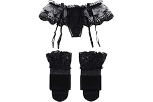 VicSec Elegancki, seksowny pas do pończoch z koronką, podwiązki, z 4 regulowanymi klipsami, regulowany 3-częściowy (podwiązki + stringi + pończochy), czarny