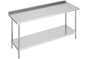 VEVOR Table de Travail en Acier Inoxydable 61x182,9x91,4 cm, Table de Préparation des Aliments Durable, Hauteur Réglable, Meuble de Rangement des Aliments, pour Cuisine Restaurant Bar Hôtel Maison