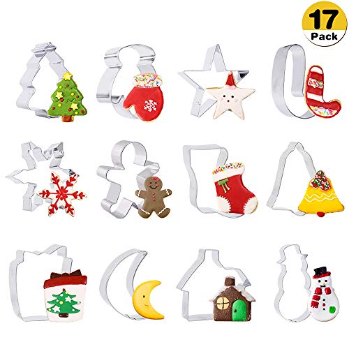 Moldes Galletas Navidad-17 Piezas Cortadores de Galletas Acero Inoxidable para Hornear,Copo de Nieve, árbol de Navidad, Renos y más Formas