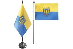 Flaggenfritze Tischflagge Oberschlesien 10 x 15 cm, oberschlesische Flagge, reißfestes Polyester, farbintensiver Siebdruck, kleine Fahne mit Kunststoff-Sockel