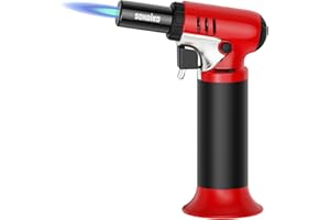 Sondiko Kitchen Blow Torch with Fuel Gauge S907, Refillable Soldering Torch Lighter with Adjustable Flame for Desserts, Creme Brulee, Welding, Industrial, Red & Black(Butane Not Included)
