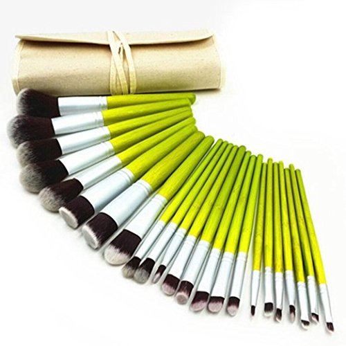 DE'LANCI 23Pcs Bamboo Handle Premium Synthetic Kabuki Cosmetic Brush Eyeshadow Foundation Blending Blush Eyeliner Face Powder Pro Makeup Brushes Tools Kit with Beige Pouch Bag Case (23Pcs with Bag)