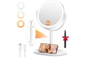 Auxmir Miroir Grossissant Lumineux, 30X/1X Double Face, Miroir Grossissant sur Pied 8", 2000mAh Rechargeable avec 3 Couleurs, Rotation 360°, Mirroir Maquillage Lumineux pour Chambre, Bureaux
