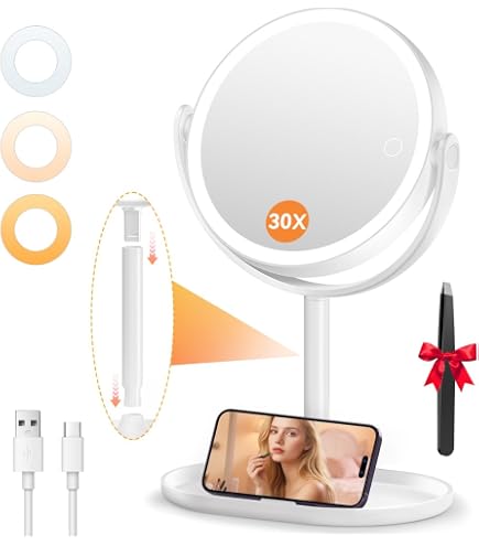 Espejo De Maquillaje Con Luz LED - Doble Cara 1X/5X, Luz De 3 Colores, Batería Recargable, Ideal Para Tocador