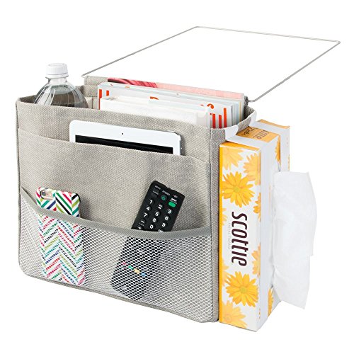 InterDesign 04943EU Wren Nachttisch-Organizer für Handy, Tablet, Zeitschriften, Wasserflasche, Fernbedienung – 3 Taschen, hellgrau, Cotton, 31.75 x 12.7 x 25.4 cm - 3
