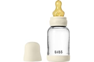 BIBS Baby Glass Bottle. Anticólicos. Tetina redonda de látex de caucho natural. Favorece la lactancia natural, 120ml, Complete Set - Ivory