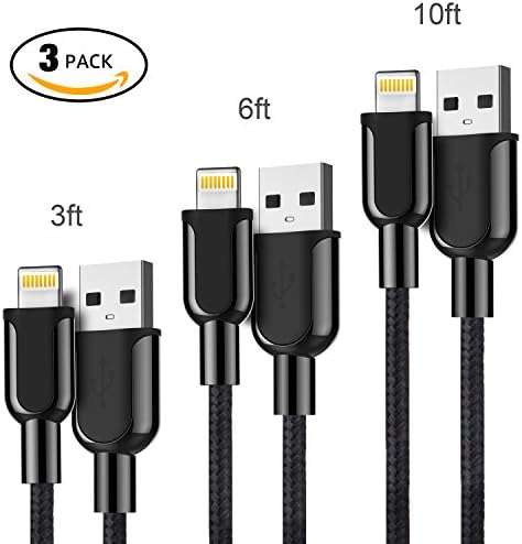 IPhone Charger, FRYFRI 3Pack 3ft 6ft 10ft Nylon Braided Lightning to USB Cable Cord with Zinc Alloyed Reinforced Connector for iPhone 7/7p/6s/6sp/6/6p/SE/5s/ iPad 2 3 4 , iPad Pro Air etc(Black)