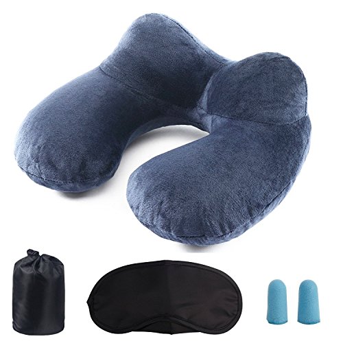 Preisvergleich Produktbild Aufblasbares Nackenkissen mit weichem und waschbarem Bezug, Yiomxhi Reise Nackenhörnchen mit Kostenlosen Extra-Augenmaske, Ohrstöpsel und Tragetasche, für Reisen, Flugzeuge, züge, Autos, büro