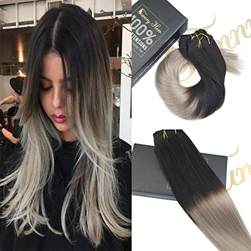 Sunny 120g/7pcs Dip Dyed Hair Extensions Clip Natural Black to Grey Remy Straight Human Hair Clip in Extensions 20inch