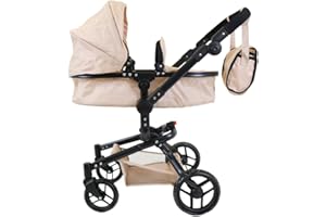 Bandits & Angels Puppenwagen Beige Modern Angel 2in1 Sand ab 3 Jahren – Puppenbuggy – Für Mädchen – Verstellbarer Schieber 48-81 cm – Komplett zusammenklappbar – Mit Einkaufskorb