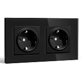 BSEEDLIFE Wall Plug, Double Wall Socket Schuko European Standards, 157 x 86 mm 2 Gang 16A, Glass Frame, Easy Installation, Bl