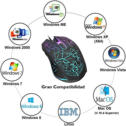 VersionTECH  Rat  n Gaming con Cable hasta 2400 DPI Rat  n Ergon  mico   ptico para Juegos con 7 Colores Luz LED 6 Bot  n Gaming Mouse Wired para PC Ordenadores Port  til Mac Negro 