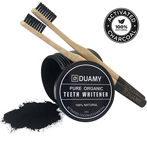 Poudre charbon blanchiment dentaire naturel. Kit blanchiment 60 gr de la poudre de charbon actif et 2 brosses à dents en bambou 100% biodégradables et écologiques. Poudre de charbon blanchissante.