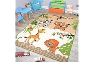 RSM RUGS Kids Zoo Animals Dinosaur Rugs Washable Nursery Playroom Bedroom Colourful Childrens Toddler Soft Durable Play Mats (Jungle Animals, 100cm x 160cm)