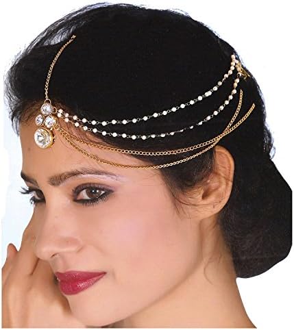 Lucky Jewellery Casual Bridal Dulhan Kundan White Color Stone Moti Maang Tikka Pearl Matha Patti for Girls & Women (L1P-Parent)