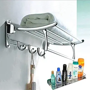 Planet Platinum Stainless Steel Folding Towel Rack with Bathroom Shelf/Perfume Rack/Bathroom Accessories