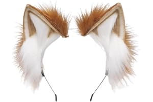 BCBF 1 Stück Handgefertigtes Katzenohren, Fuchs Ears,Katzenohren Haarreif,Katzen Ohren,Handgefertigtes Fell Fuchs Katzenohren Stirnband Fursuit Kopfbedeckung Cosplay Kostüm Party Zubehör（Braun Weiß）