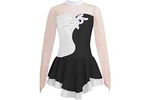 dPois Vestido Patinaje Artistico Niña Maillot Ballet Manga Larga Traje de Danza Princesa de Encaje Maillot Gimnasia Leotardo con Falda Disfraz Bailarina 5-14 Años