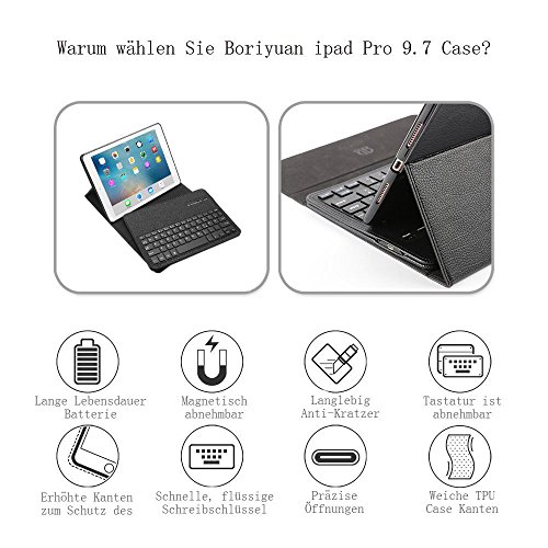 Boriyuan IPad Pro 9.7 Bluetooth Tastatur Hülle, Smart Case Stand Folio Hülle mit abnehmbare Wireless Bluetooth Tastatur Keyboard Case für Apple iPad Pro 9,7 Zoll- (Schwarz) - 2