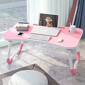 SHALLY Foldable Bed Study Table Portable Multifunction Laptop-Table Lapdesk for Children Bed Foldabe Table Work Office Home with Tablet Slot & Cup Holder Bed Study Table Brown Coloured-> (Pink)