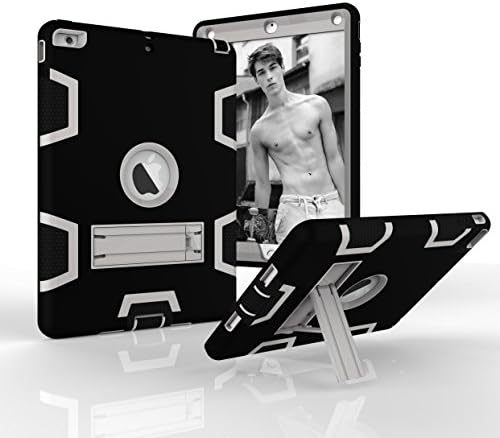 Hansin iPad Air Case (2013 release), [Kickstand] Three Layer Hybrid Heavy Duty Full-Body Shockproof Anti-Slip Protective Case for Apple iPad Air, Black/Gray