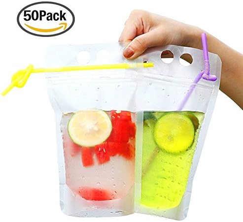 Drink Bags Duty Hand-held Reclosable Zipper Stand-up Heat-proof Translucent Frosted Plastic Pouches ,50 Pack